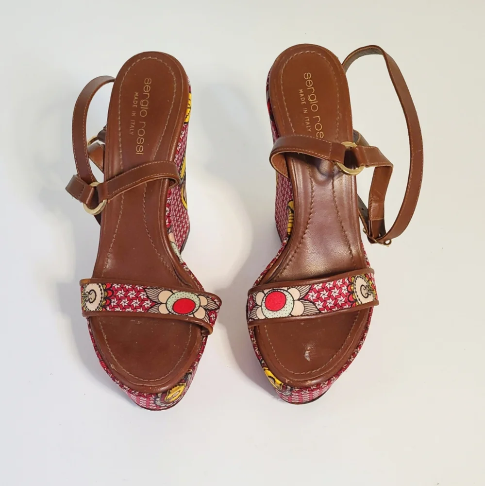 Sergio Rossi  Burgundy redish leather wedge, clasp around the ankles..size‎ 36.5